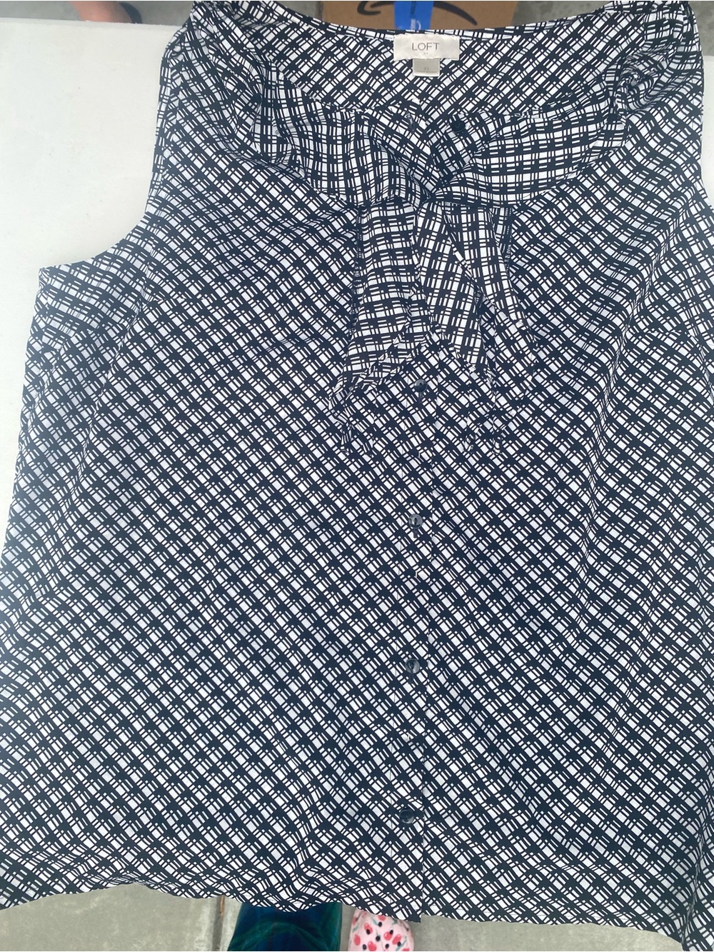 LOFT Navy and White Geometric Tie-Neck Shell - Picture 1 of 3